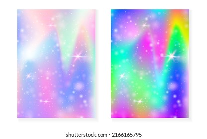 Princess background with kawaii rainbow gradient. Magic unicorn hologram. Holographic fairy set. Multicolor fantasy cover. Princess background with sparkles and stars for cute girl party invitation.