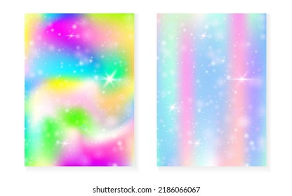 Fondo Princesa con gradiente arcoiris kawaii. Holograma mágico de unicornio. Juego de hadas holográficas. Cubierta fluorescente de fantasía. Antecedentes de la princesa con brillo y estrellas para la linda invitación a una fiesta de chicas.