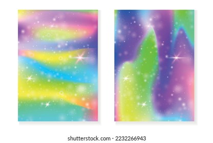 Princess background with kawaii rainbow gradient. Magic unicorn hologram. Holographic fairy set. Bright fantasy cover. Princess background with sparkles and stars for cute girl party invitation.