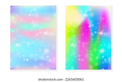 Princess background with kawaii rainbow gradient. Magic unicorn hologram. Holographic fairy set. Creative fantasy cover. Princess background with sparkles and stars for cute girl party invitation.