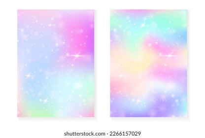 Princess background with kawaii rainbow gradient. Magic unicorn hologram. Holographic fairy set. Trendy fantasy cover. Princess background with sparkles and stars for cute girl party invitation.