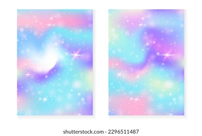 Princess background with kawaii rainbow gradient. Magic unicorn hologram. Holographic fairy set. Stylish fantasy cover. Princess background with sparkles and stars for cute girl party invitation.