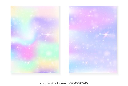 Princess background with kawaii rainbow gradient. Magic unicorn hologram. Holographic fairy set. Mystical fantasy cover. Princess background with sparkles and stars for cute girl party invitation.