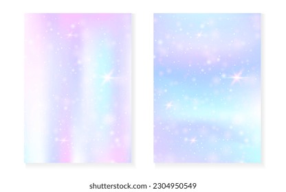 Prinzessiner Hintergrund mit kawaiianischem Regenbogen-Farbverlauf. Magisches Einhornhologramm. Holografisches Märchenset. Mystische Fantasiebedeckung. Prinzessin Hintergrund mit Funkeln und Sternen für eine süße Girl-Party-Einladung.