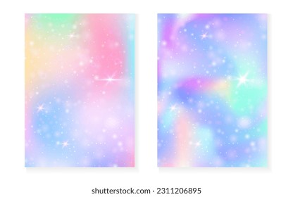 Princess background with kawaii rainbow gradient. Magic unicorn hologram. Holographic fairy set. Vibrant fantasy cover. Princess background with sparkles and stars for cute girl party invitation.