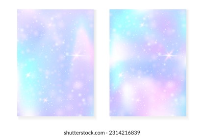 Princess background with kawaii rainbow gradient. Magic unicorn hologram. Holographic fairy set. Colorful fantasy cover. Princess background with sparkles and stars for cute girl party invitation.