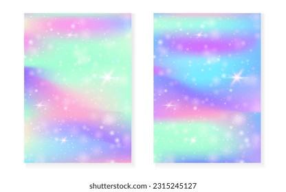 Princess background with kawaii rainbow gradient. Magic unicorn hologram. Holographic fairy set. Bright fantasy cover. Princess background with sparkles and stars for cute girl party invitation.