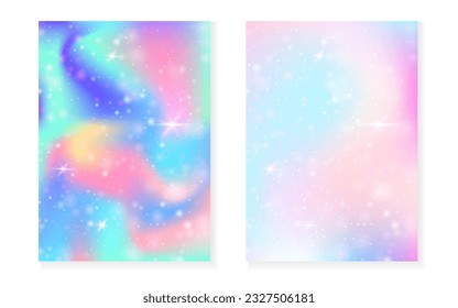 Princess background with kawaii rainbow gradient. Magic unicorn hologram. Holographic fairy set. Mystical fantasy cover. Princess background with sparkles and stars for cute girl party invitation.