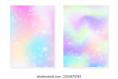 Prinzessiner Hintergrund mit kawaiianischem Regenbogen-Farbverlauf. Magisches Einhornhologramm. Holografisches Märchenset. Stilvolles Fantasy-Cover. Prinzessin Hintergrund mit Funkeln und Sternen für eine süße Girl-Party-Einladung.