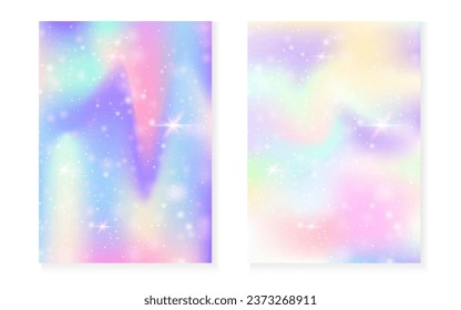 Princess background with kawaii rainbow gradient. Magic unicorn hologram. Holographic fairy set. Bright fantasy cover. Princess background with sparkles and stars for cute girl party invitation.