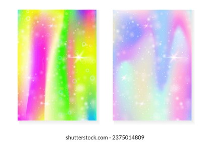 Princess background with kawaii rainbow gradient. Magic unicorn hologram. Holographic fairy set. Trendy fantasy cover. Princess background with sparkles and stars for cute girl party invitation.