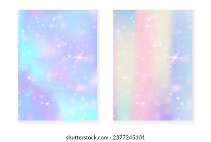 Princess background with kawaii rainbow gradient. Magic unicorn hologram. Holographic fairy set. Trendy fantasy cover. Princess background with sparkles and stars for cute girl party invitation.