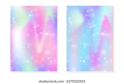 Fondo Princesa con gradiente arcoiris kawaii. Holograma mágico de unicornio. Juego de hadas holográficas. Elegante cubierta de fantasía. Antecedentes de la princesa con brillo y estrellas para la linda invitación a una fiesta de chicas.