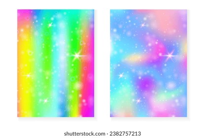 Princess background with kawaii rainbow gradient. Magic unicorn hologram. Holographic fairy set. Bright fantasy cover. Princess background with sparkles and stars for cute girl party invitation. - Shutterstock ID 2382757213