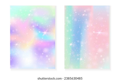 Fondo Princesa con gradiente arcoiris kawaii. Holograma mágico de unicornio. Juego de hadas holográficas. Brillante cubierta de fantasía. Antecedentes de la princesa con brillo y estrellas para la linda invitación a una fiesta de chicas.