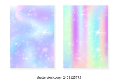 Princess background with kawaii rainbow gradient. Magic unicorn hologram. Holographic fairy set. Creative fantasy cover. Princess background with sparkles and stars for cute girl party invitation.