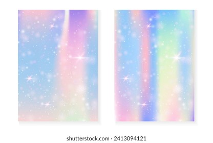 Fondo Princesa con gradiente arcoiris kawaii. Holograma mágico de unicornio. Juego de hadas holográficas. Cubierta creativa de fantasía. Antecedentes de la princesa con brillo y estrellas para la linda invitación a una fiesta de chicas.