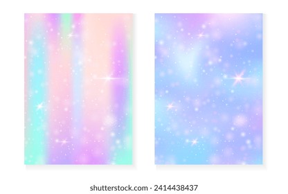 Princess background with kawaii rainbow gradient. Magic unicorn hologram. Holographic fairy set. Trendy fantasy cover. Princess background with sparkles and stars for cute girl party invitation.