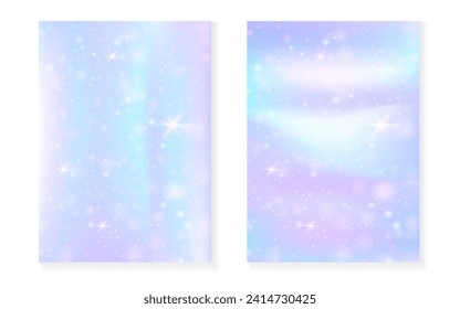 Princess background with kawaii rainbow gradient. Magic unicorn hologram. Holographic fairy set. Multicolor fantasy cover. Princess background with sparkles and stars for cute girl party invitation.