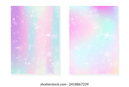 Princess background with kawaii rainbow gradient. Magic unicorn hologram. Holographic fairy set. Colorful fantasy cover. Princess background with sparkles and stars for cute girl party invitation.