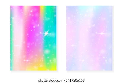 Princess background with kawaii rainbow gradient. Magic unicorn hologram. Holographic fairy set. Trendy fantasy cover. Princess background with sparkles and stars for cute girl party invitation.