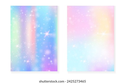 Princess background with kawaii rainbow gradient. Magic unicorn hologram. Holographic fairy set. Trendy fantasy cover. Princess background with sparkles and stars for cute girl party invitation.