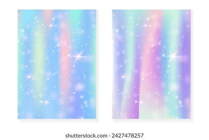 Fondo de princesa con degradado de arco iris kawaii. Holograma mágico de unicornio. Juego de hadas holográficas. Cubierta de fantasía de moda. Fondo de la princesa con destellos y estrellas para la invitación de fiesta de la muchacha linda.