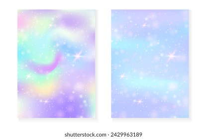 Princess background with kawaii rainbow gradient. Magic unicorn hologram. Holographic fairy set. Bright fantasy cover. Princess background with sparkles and stars for cute girl party invitation.