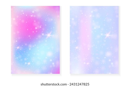 Princess background with kawaii rainbow gradient. Magic unicorn hologram. Holographic fairy set. Trendy fantasy cover. Princess background with sparkles and stars for cute girl party invitation.