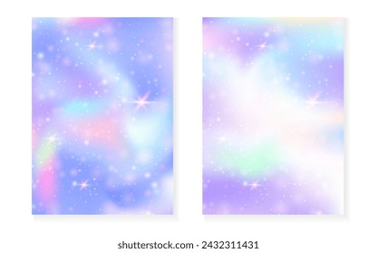 Prinzessinnen-Hintergrund mit Kawaii-Regenbogen-Gefälle. Magisches Einhorn-Hologramm. Holografisches Feenset. Helles Fantasy-Cover. Prinzessin Hintergrund mit Funkeln und Sternen für süße Mädchen Party Einladung.