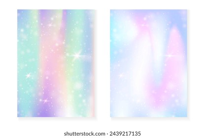 Princess background with kawaii rainbow gradient. Magic unicorn hologram. Holographic fairy set. Creative fantasy cover. Princess background with sparkles and stars for cute girl party invitation.