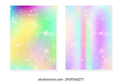 Fondo de princesa con degradado de arco iris kawaii. Holograma mágico de unicornio. Juego de hadas holográficas. Cubierta de fantasía fluorescente. Fondo de la princesa con destellos y estrellas para la invitación de fiesta de la muchacha linda.
