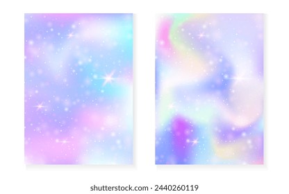 Fondo de princesa con degradado de arco iris kawaii. Holograma mágico de unicornio. Juego de hadas holográficas. Cubierta de fantasía Spectrum. Fondo de la princesa con destellos y estrellas para la invitación de fiesta de la muchacha linda.