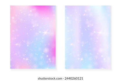 Prinzessinnen-Hintergrund mit Kawaii-Regenbogen-Gefälle. Magisches Einhorn-Hologramm. Holografisches Feenset. Mehrfarbiges Fantasiecover. Prinzessin Hintergrund mit Funkeln und Sternen für süße Mädchen Party Einladung.