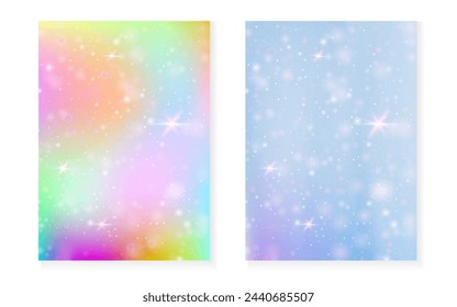 Prinzessinnen-Hintergrund mit Kawaii-Regenbogen-Gefälle. Magisches Einhorn-Hologramm. Holografisches Feenset. Mystisches Fantasiecover. Prinzessin Hintergrund mit Funkeln und Sternen für süße Mädchen Party Einladung.