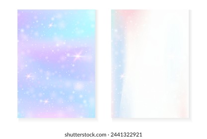 Princess background with kawaii rainbow gradient. Magic unicorn hologram. Holographic fairy set. Creative fantasy cover. Princess background with sparkles and stars for cute girl party invitation.