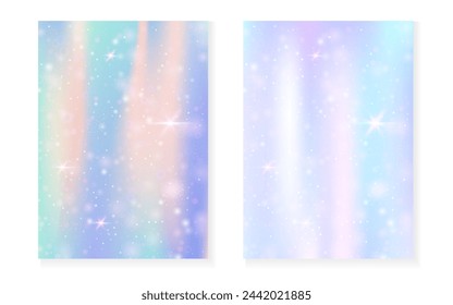 Princess background with kawaii rainbow gradient. Magic unicorn hologram. Holographic fairy set. Spectrum fantasy cover. Princess background with sparkles and stars for cute girl party invitation.