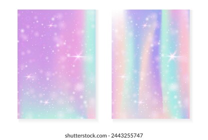 Princess background with kawaii rainbow gradient. Magic unicorn hologram. Holographic fairy set. Stylish fantasy cover. Princess background with sparkles and stars for cute girl party invitation.