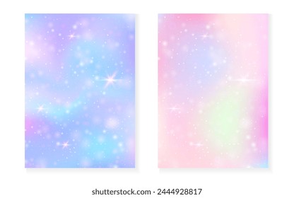 Princess background with kawaii rainbow gradient. Magic unicorn hologram. Holographic fairy set. Spectrum fantasy cover. Princess background with sparkles and stars for cute girl party invitation.