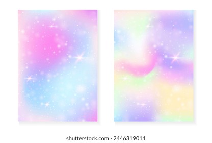 Fondo de princesa con degradado de arco iris kawaii. Holograma mágico de unicornio. Juego de hadas holográficas. Elegante portada de fantasía. Fondo de la princesa con destellos y estrellas para la invitación de fiesta de la muchacha linda.