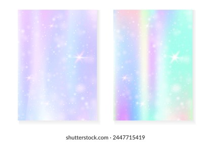 Princess background with kawaii rainbow gradient. Magic unicorn hologram. Holographic fairy set. Colorful fantasy cover. Princess background with sparkles and stars for cute girl party invitation.
