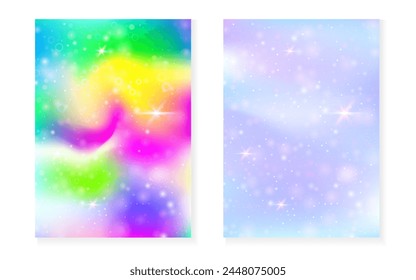 Princess background with kawaii rainbow gradient. Magic unicorn hologram. Holographic fairy set. Stylish fantasy cover. Princess background with sparkles and stars for cute girl party invitation.