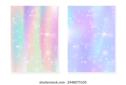 Princess background with kawaii rainbow gradient. Magic unicorn hologram. Holographic fairy set. Stylish fantasy cover. Princess background with sparkles and stars for cute girl party invitation.