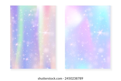 Princess background with kawaii rainbow gradient. Magic unicorn hologram. Holographic fairy set. Mystical fantasy cover. Princess background with sparkles and stars for cute girl party invitation.