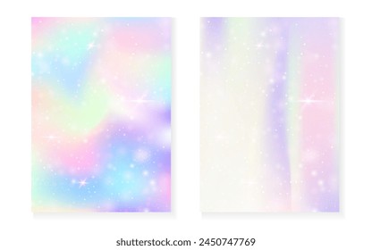 Prinzessinnen-Hintergrund mit Kawaii-Regenbogen-Gefälle. Magisches Einhorn-Hologramm. Holografisches Feenset. Trendiges Fantasy Cover. Prinzessin Hintergrund mit Funkeln und Sternen für süße Mädchen Party Einladung.