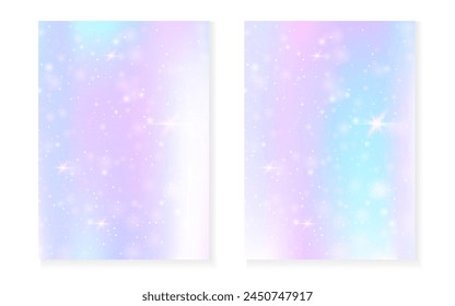 Princess background with kawaii rainbow gradient. Magic unicorn hologram. Holographic fairy set. Bright fantasy cover. Princess background with sparkles and stars for cute girl party invitation.