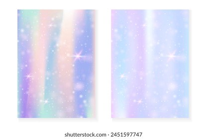 Prinzessinnen-Hintergrund mit Kawaii-Regenbogen-Gefälle. Magisches Einhorn-Hologramm. Holografisches Feenset. Buntes Fantasiecover. Prinzessin Hintergrund mit Funkeln und Sternen für süße Mädchen Party Einladung.