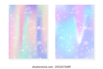 Fondo de princesa con degradado de arco iris kawaii. Holograma mágico de unicornio. Juego de hadas holográficas. Cubierta de fantasía fluorescente. Fondo de la princesa con destellos y estrellas para la invitación de fiesta de la muchacha linda.