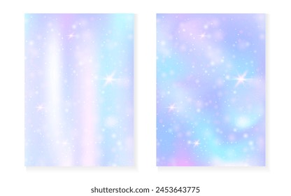 Princess background with kawaii rainbow gradient. Magic unicorn hologram. Holographic fairy set. Fluorescent fantasy cover. Princess background with sparkles and stars for cute girl party invitation.