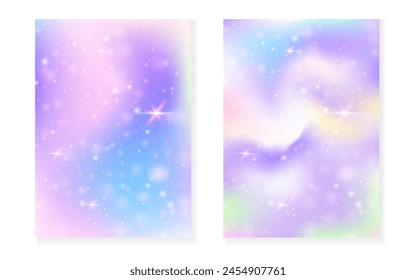 Princess background with kawaii rainbow gradient. Magic unicorn hologram. Holographic fairy set. Bright fantasy cover. Princess background with sparkles and stars for cute girl party invitation.